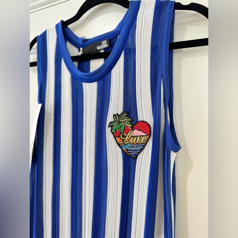 Love Moschino striped blue white mesh knit drawstring palm tree beach dress nwt